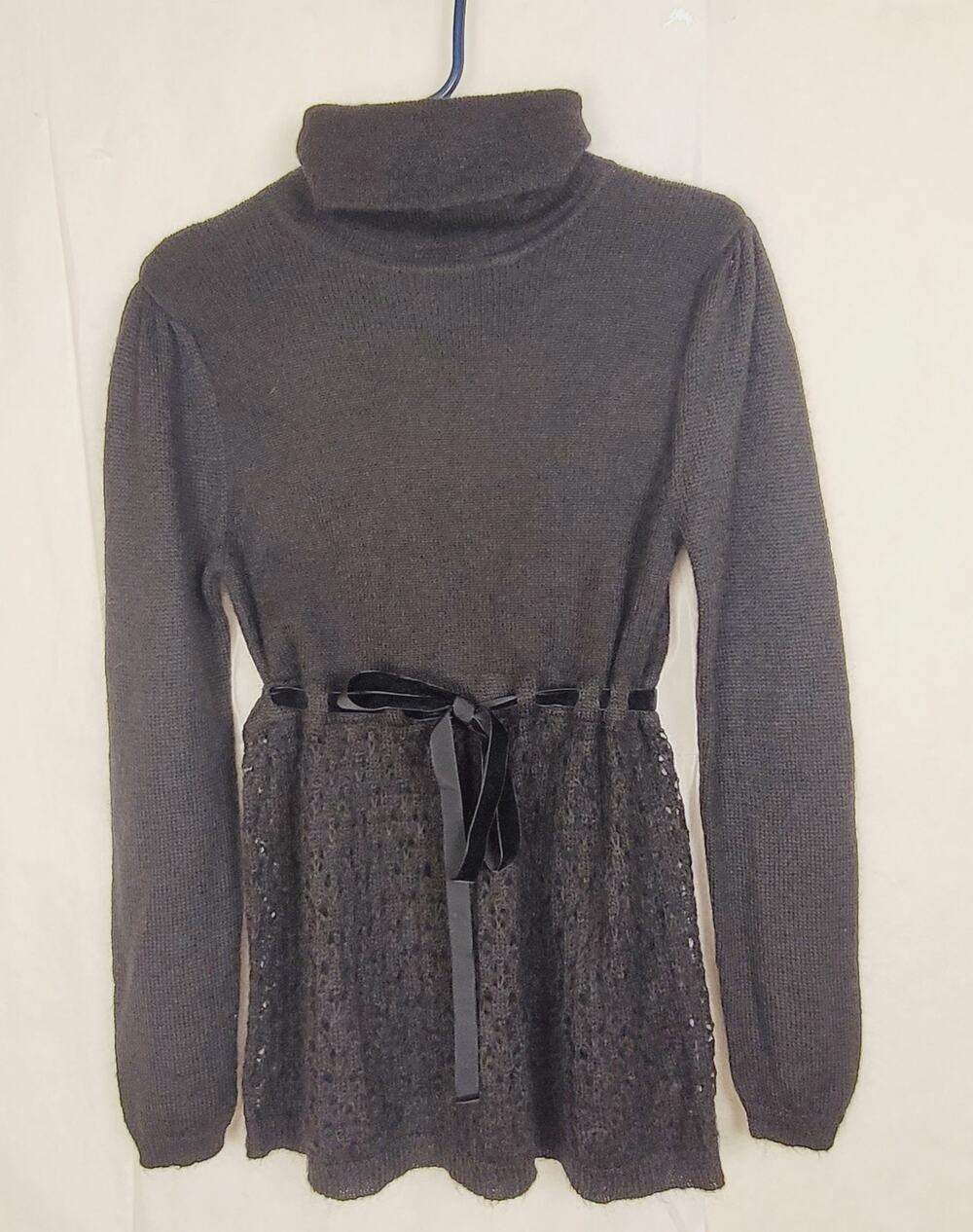 Moda International mohair crochet knit velvet tie tunic sweater Sm Whimsigoth
